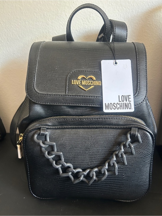 Love Moschino Handbags - Love Moschino Black Leather Backpack with Drawstring & Black Heart Chain NWT